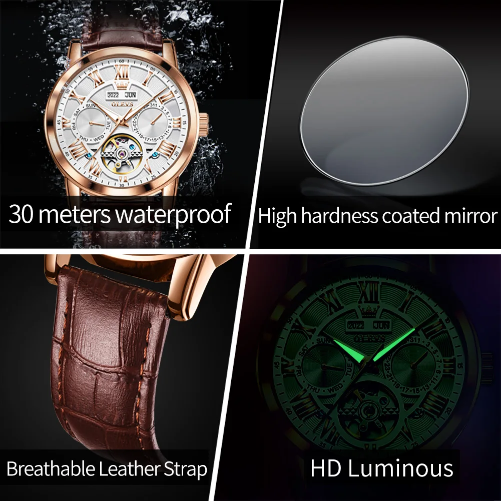 OLEVS Mechanical Watch for Men Dual Calendar Date Week Clock Skeleton Waterproof Leather Strap Men\'s Wristwatch Automatic Watch