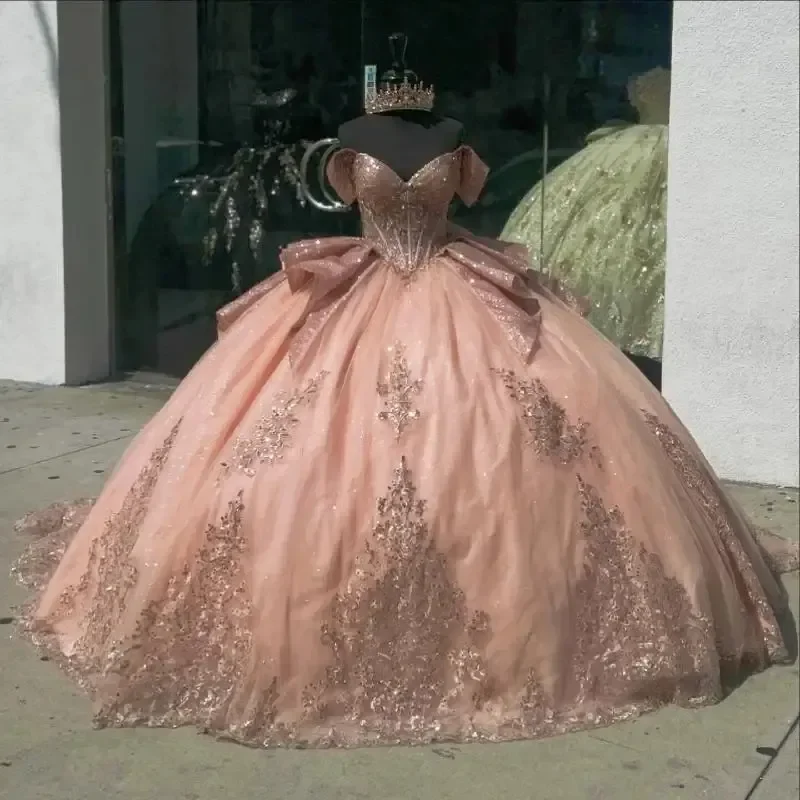 Shinning Pink Princess Quinceanera Dresses Applique Bow Off The Shoulder Tull Sweet 16 Birthday Party Gown Customized