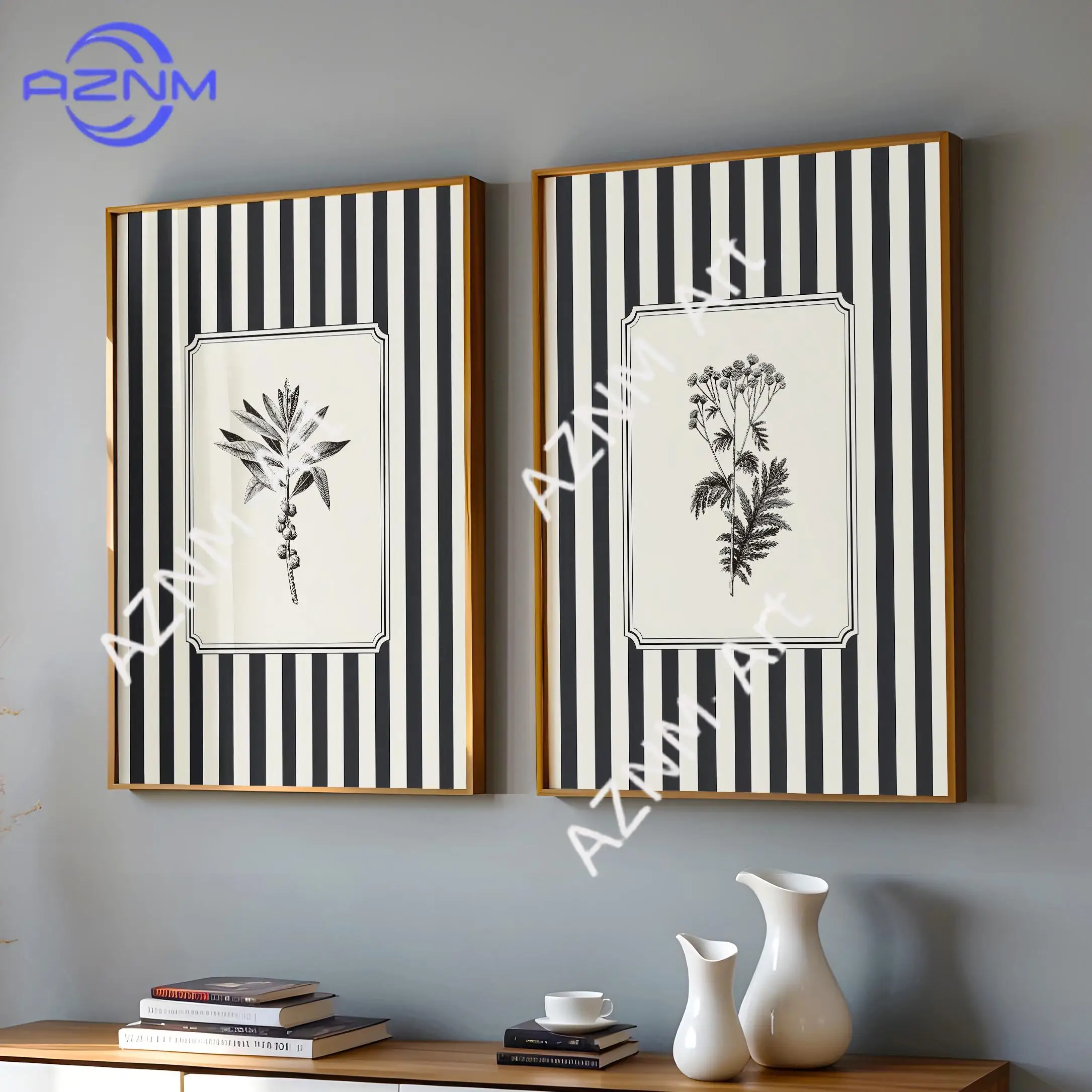 1/2Pcs Striped Botanical Print Set Of 2, Black And White Vintage Botanicals, Mo…