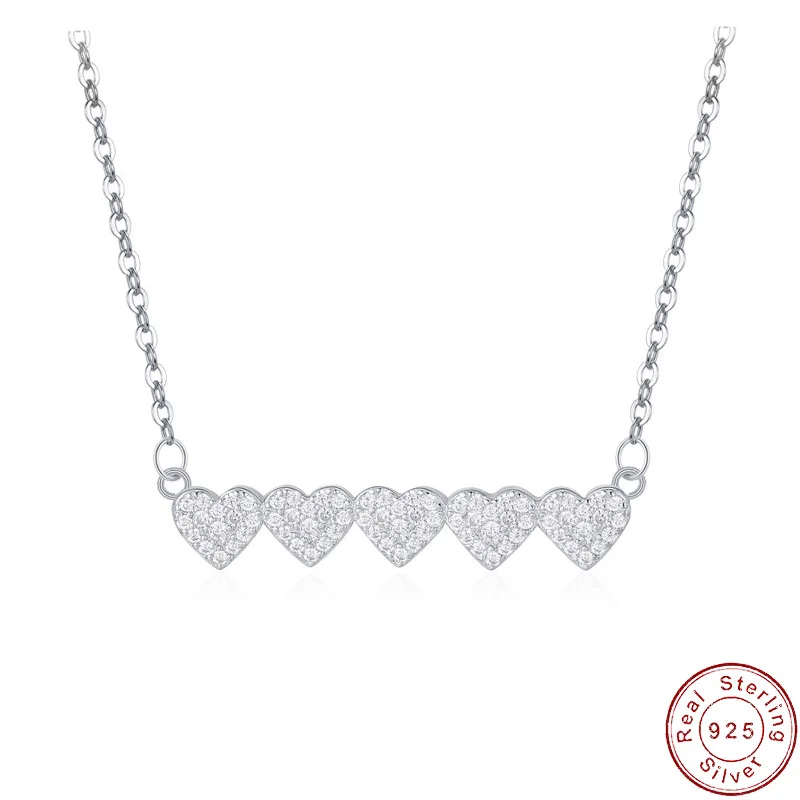 

European Sparkling AAA CZ Five Hearts Love S925 Sterling Silver Necklace Clavicular Chain For Women Birthday Gift Jewelry