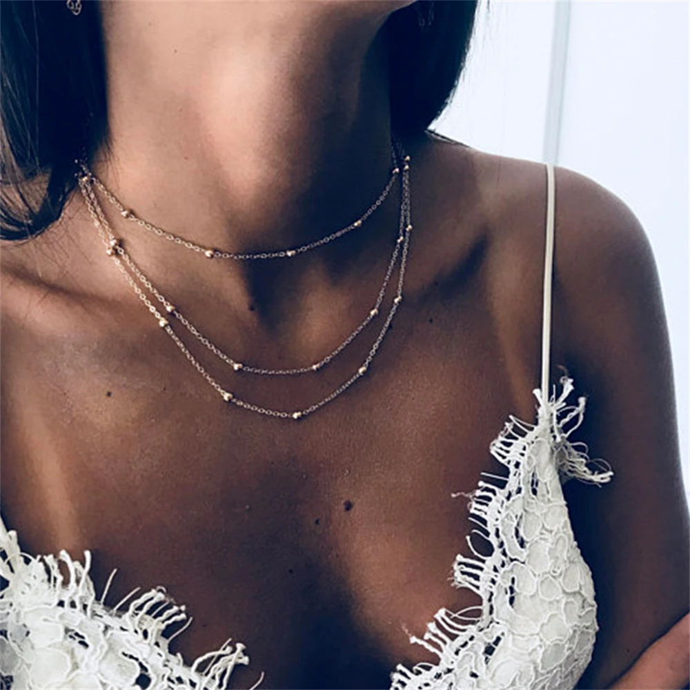 SUMENG New Simple Boho Golden Silver Color Chain Beads Chokers for Women Layerd Necklaces Fashion Jewelry Accessories