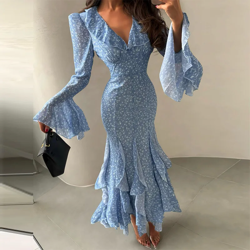 

Tsiisd Elegant Floral Print Women's Maxi Dress V Neck Ruffle Flare Sleeve Romantic Premium Evening Party Dress Female Dress 2026