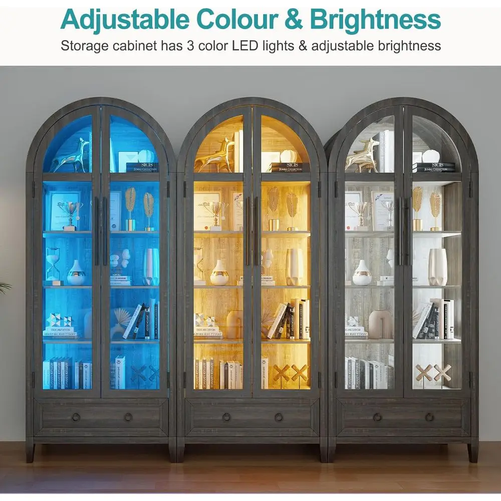 73 Arched Glass Display Cabinet with 4-Tier, Human Body Sensor, LED Lights for Collectibles, Adjustable Shelves, Brown view 3
