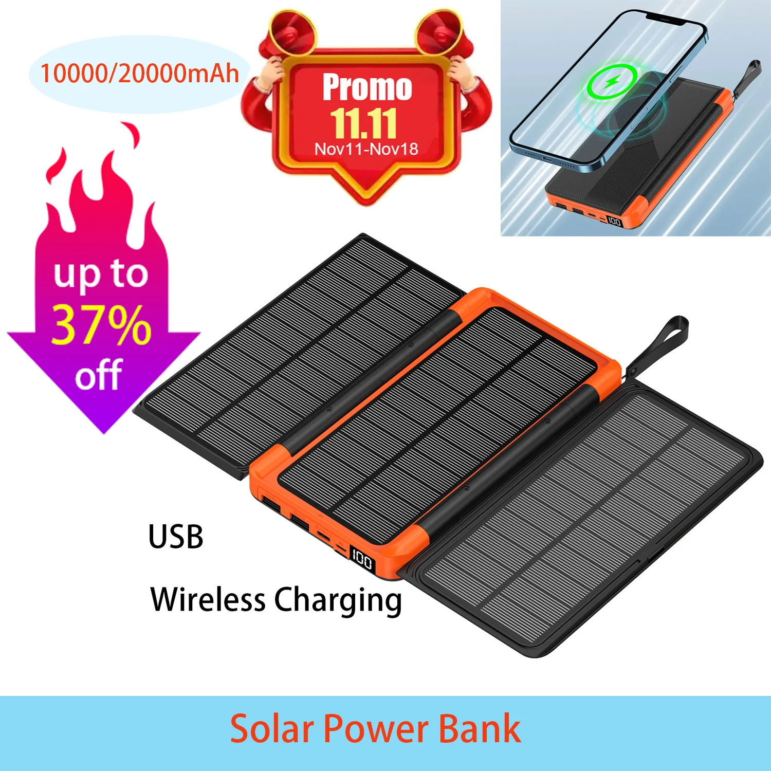 10000/20000mAh Solar Power Bank Hidden Flip Solar Panel Portable Solar Power Bank with USB Wireless Charging for Travel Camping