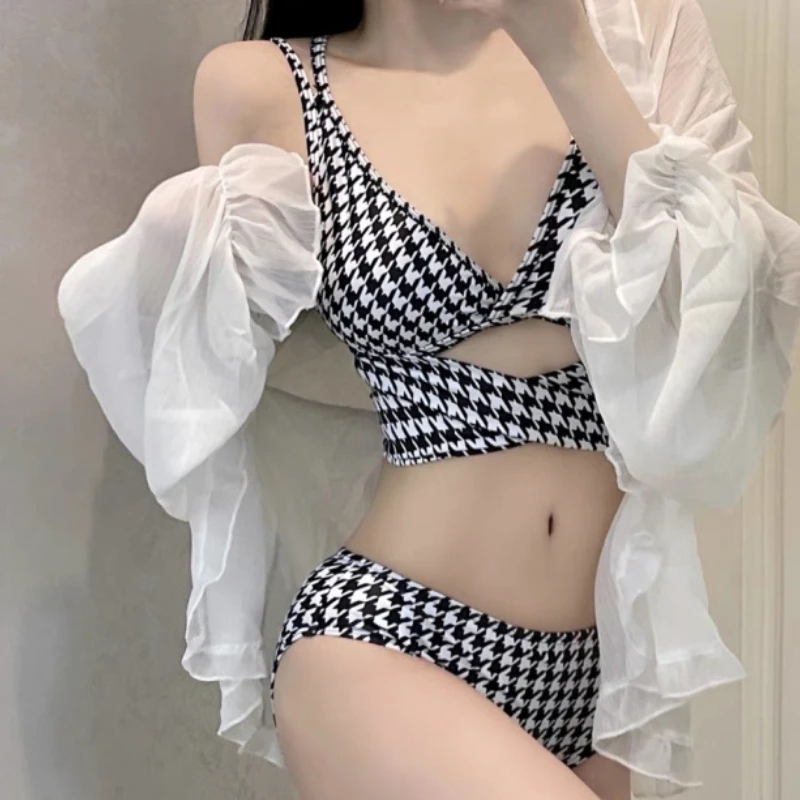 Ensembles de bikini pied-de-poule pour femmes, dos nu, sexy, mince, volants, style de plage, classique, Ulzzang, dames, vacances, décontracté,