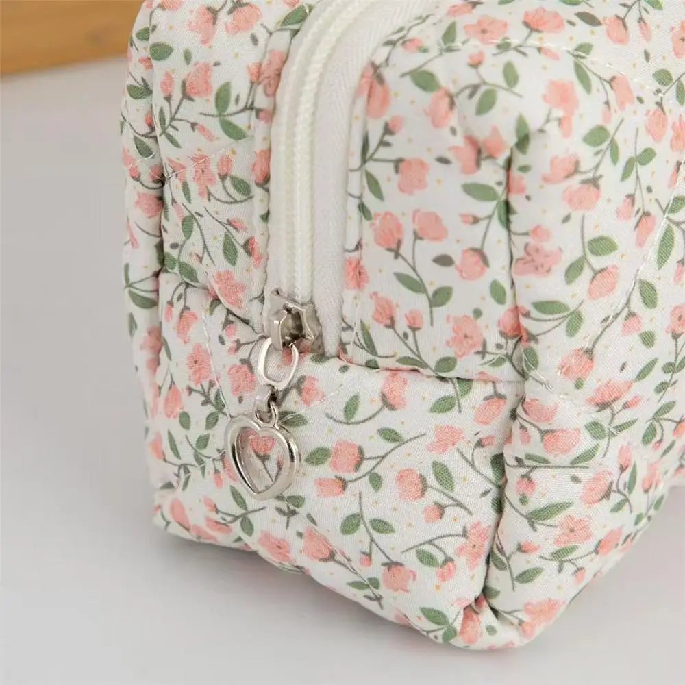 Cute Pink Floral Quilted Makeup Bag Multi-Purpose Portable Travel Zipper Bag Coin Storage Compact Toiletry Organizer for Women