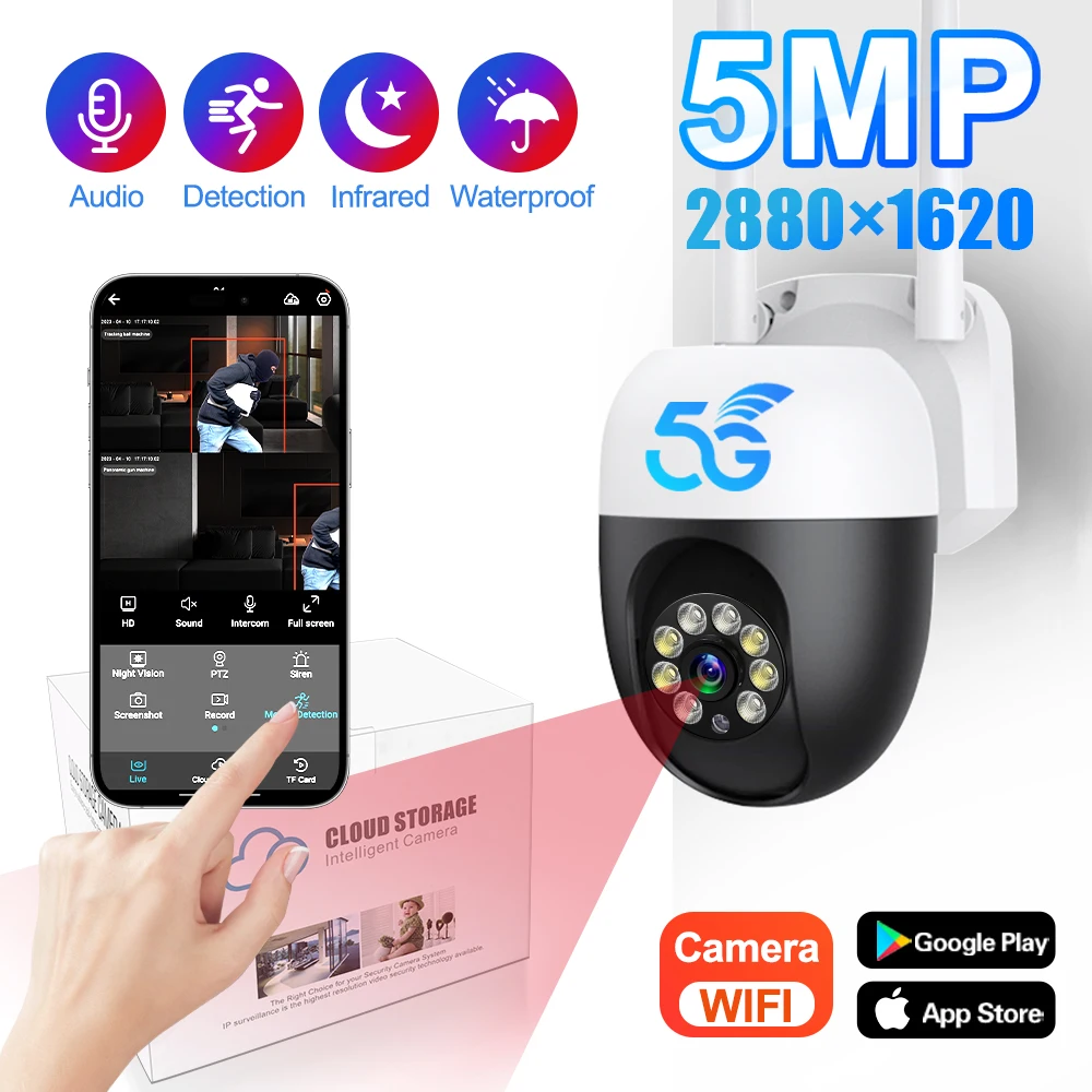 5MP 5G Wifi Camera Outdoor IP Monitor Digital Home Wireless Security Surveillance Smart Tracking Two-way Audio Night Color Cam