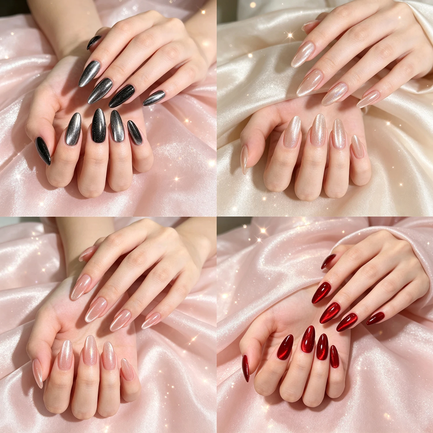 10/40pcs Medium Almond Press On Nails Multi‑Color Cat Eye Black Nude Pink Wine Red Reusable False Nails For Party Daily Wear