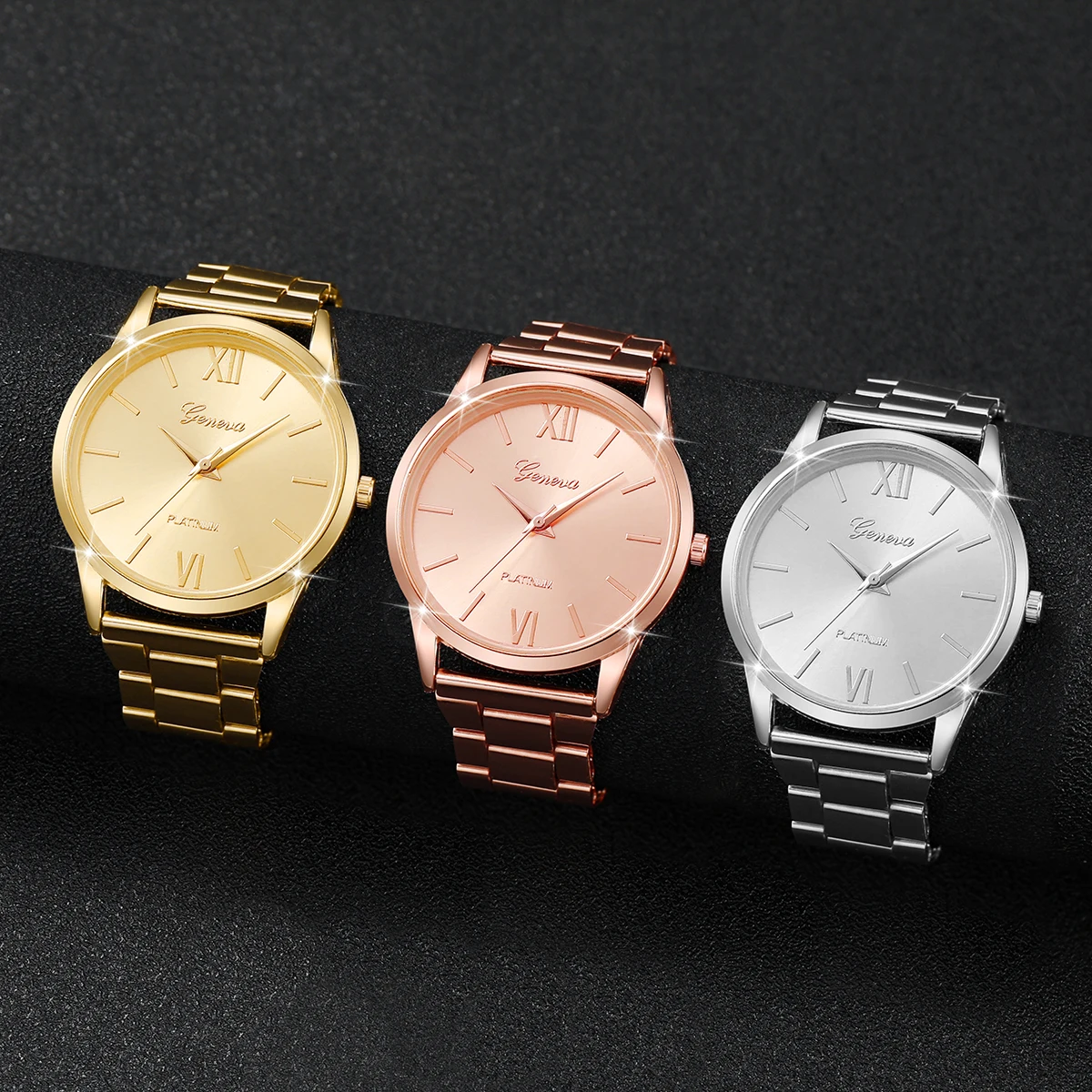 3/6PCS Women's Watch Fashion Gold Steel Band Quartz Watches Bracelets Set（Without Box）