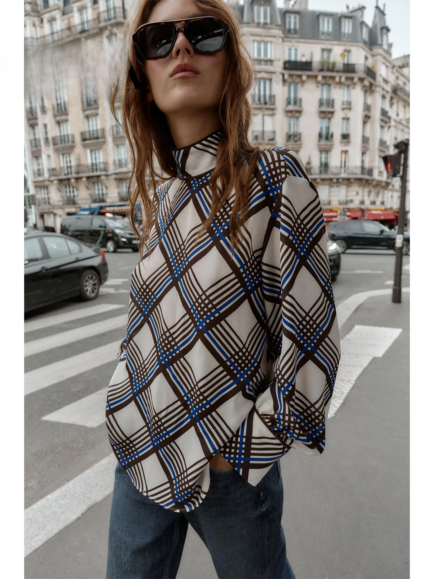 ZAPRHA Outono 2025 Loose Fit Xadrez Gola Alta Longa Sve irt Top de Emagrecimento Feminino Casual Sle Confortável Vestuário Fem