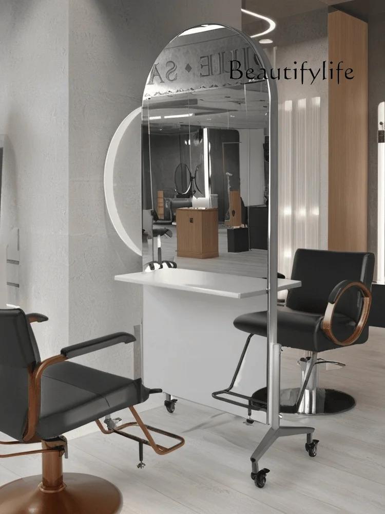 

New Hair Salon Dressing Table with Roller Skating Barber Shop Mirror for Hair Salon Floor Double Mirror