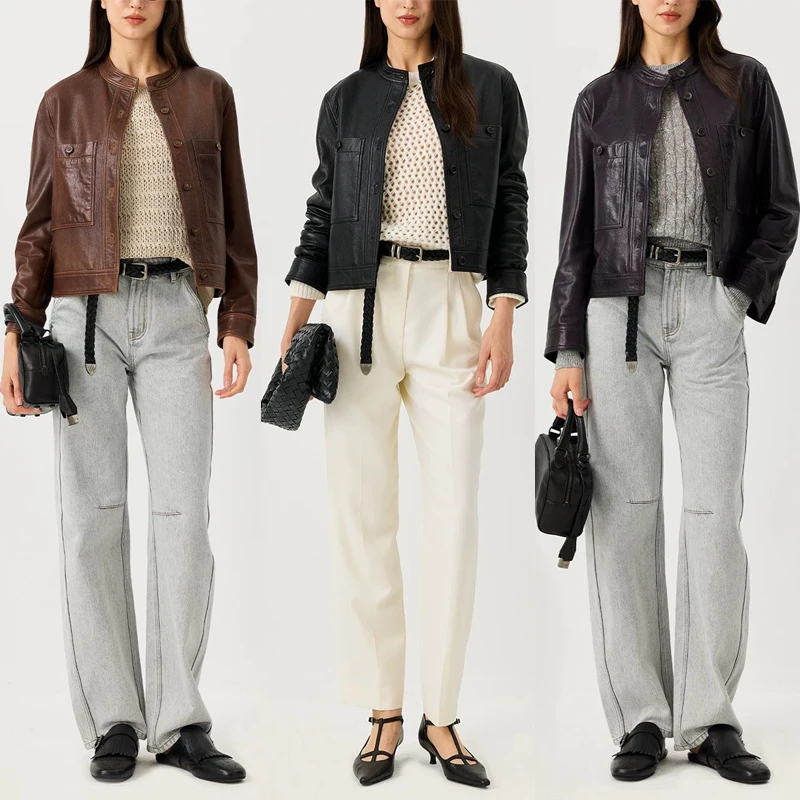 レトロオイルワックスレザー女性本革ジャケットコート 2026 春のファッションスタンドカラー女性カジュアル A レベルシープスキンジャケット