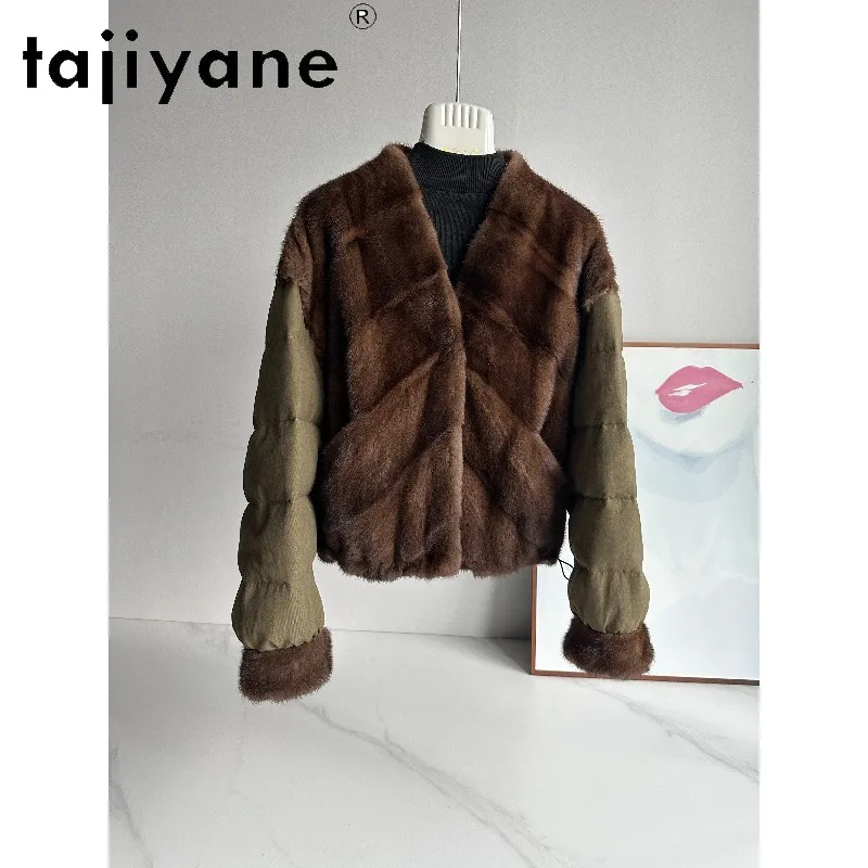 TAJIYANE Whole Mink Fur Spliced Goose Down Jacket Short Fur Coat Women Winter Puffer Jacket V-neck Coats for Woman Thicken 코트