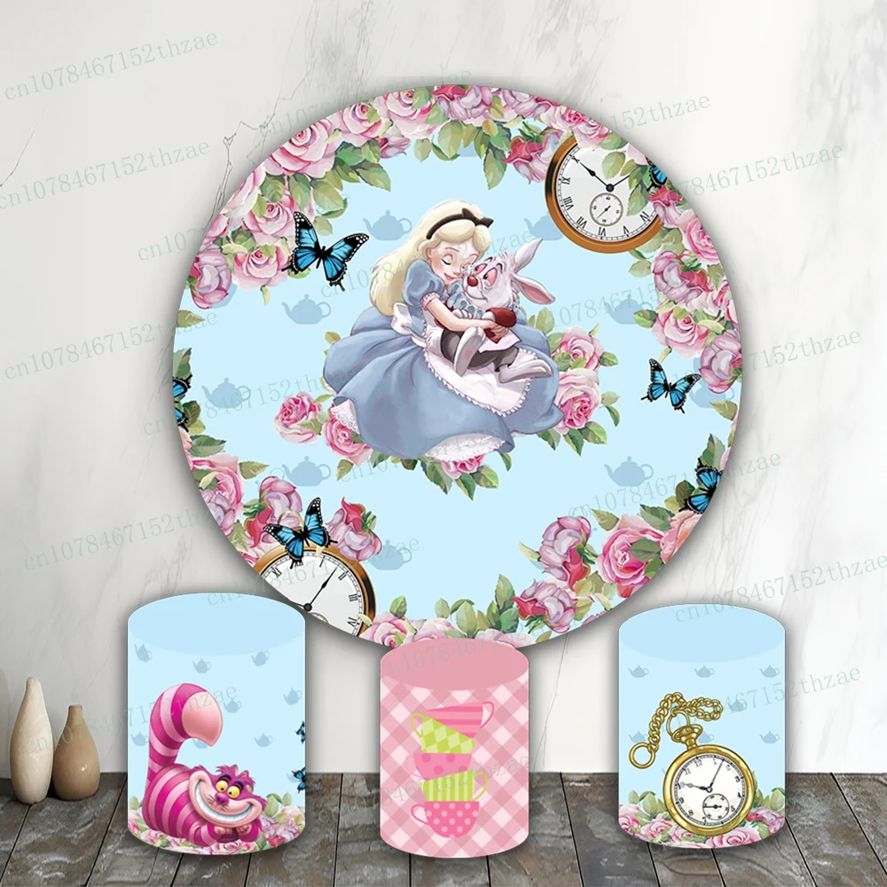 

Alice in Wonderland Birthday Party Photo Backdrop Baby Shower Photo Background Round&Cylinders Plinth Covers Banner