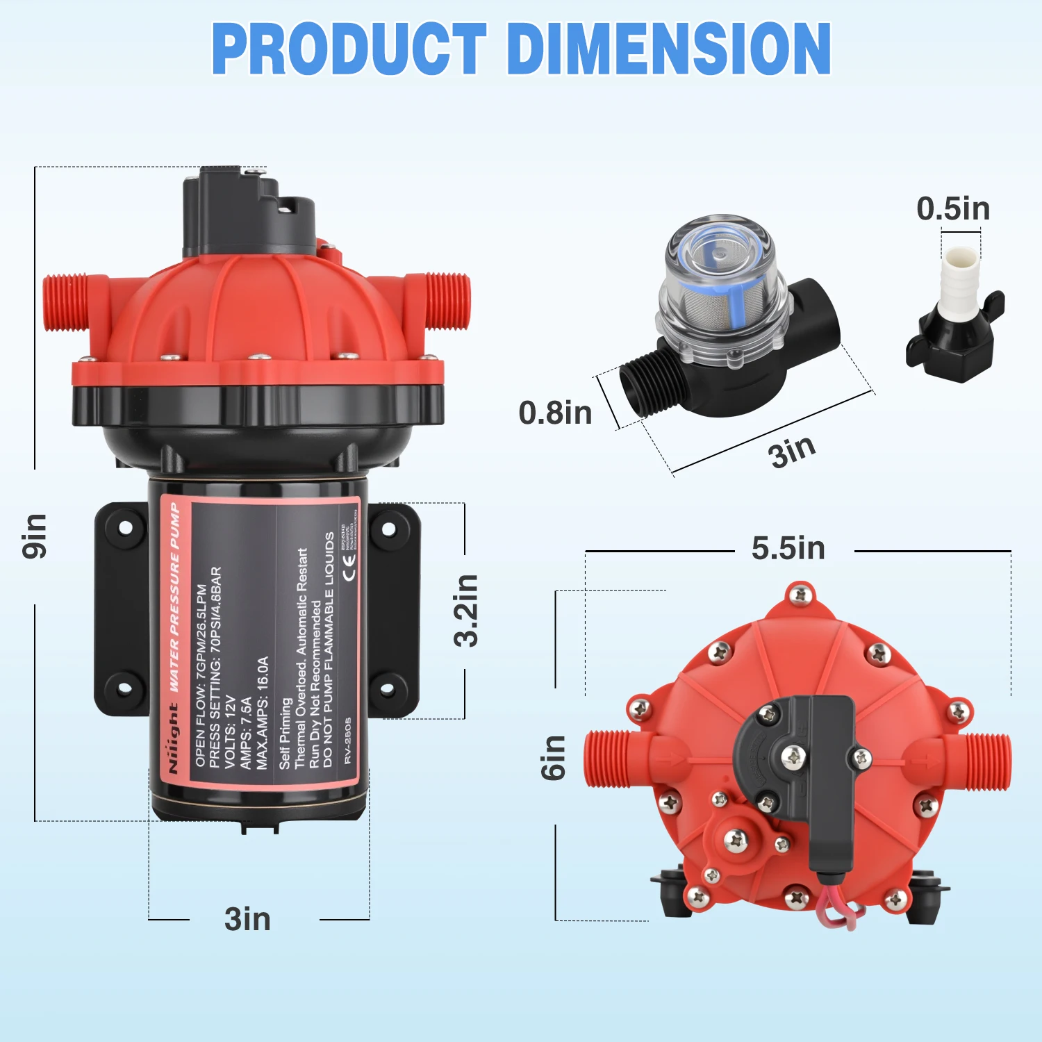 Nilight RV Water Pump 12v Camper Water Pump 7.0 GPM 70 PSI with Pressure Switch Strainer Heavy Duty Diaphragm Pump 12 Volt DC Upgrade Self-Priming Low Noice for RV Marine Yacht Caravan Camper Trailer - view 3