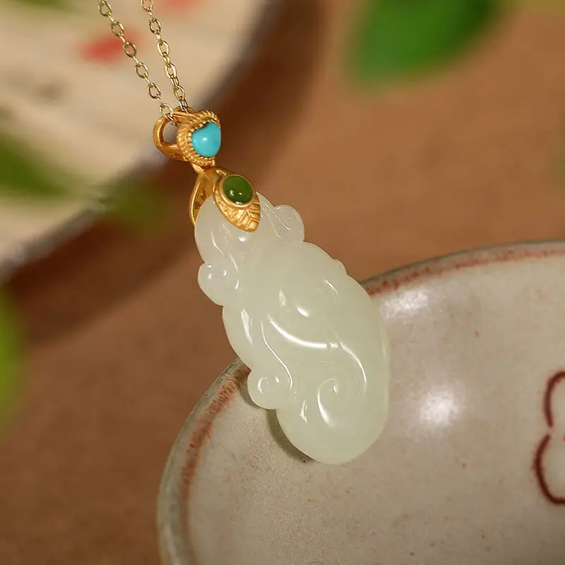 Real 925 Sterling Silver With Natural Nephrit Jade Ruyi Pendant Necklace