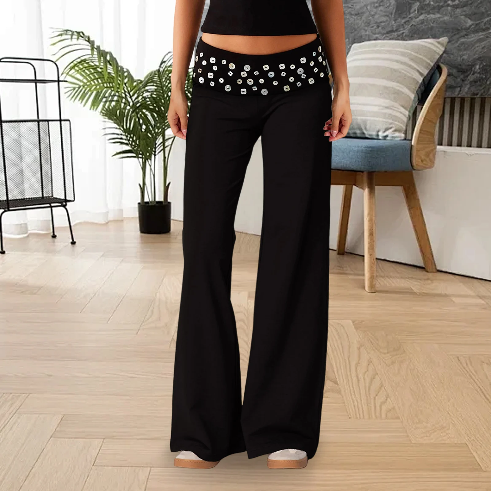 Damen-Hose mit Pailletten und weitem Bein, modische, lässige, lockere Hose mit elastischem Bund für den Alltag