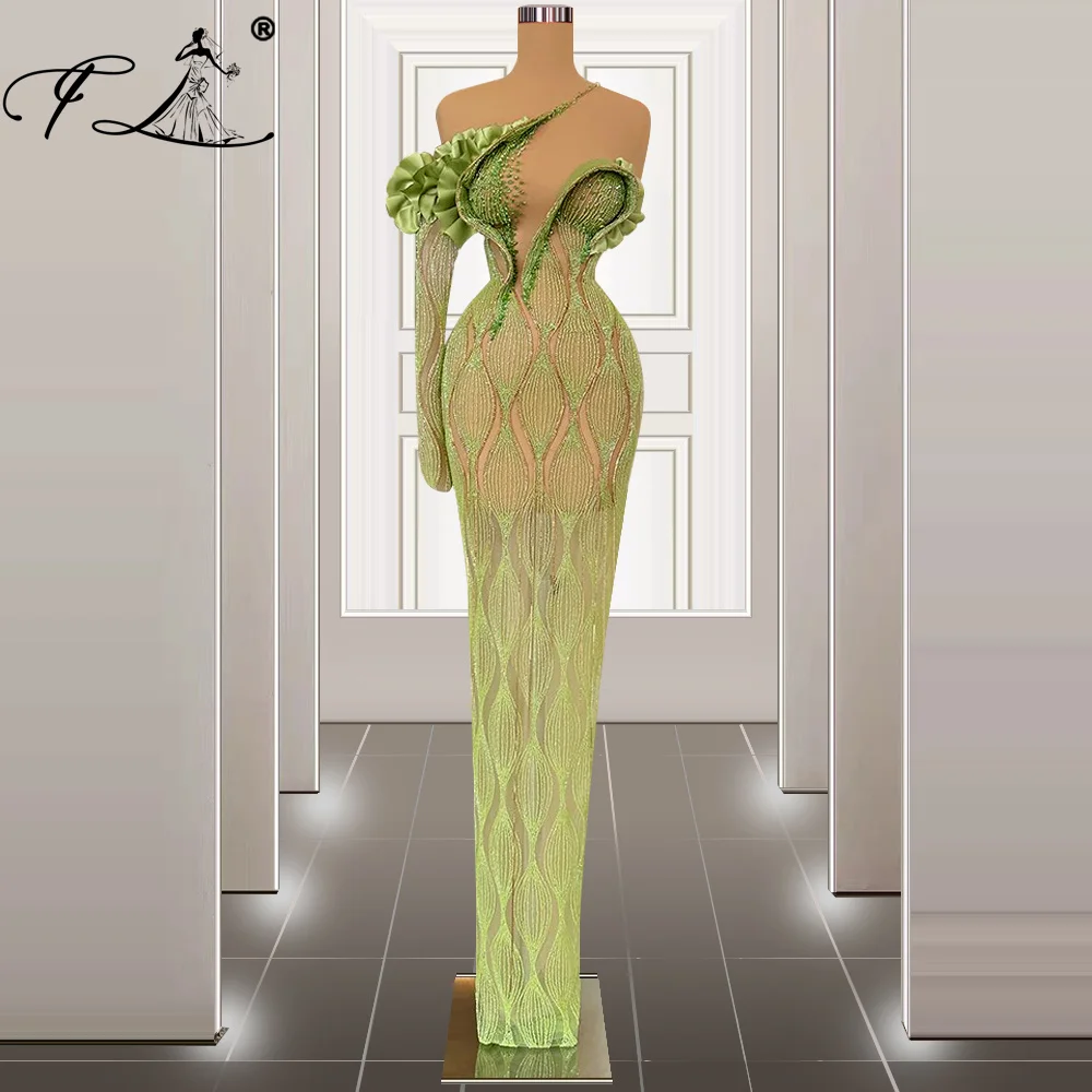 Bright Green Beaded Long Evening Dresses 2024 Summer Crystals Sparkle Sequins Sexy Sheath Prom Gowns Customized