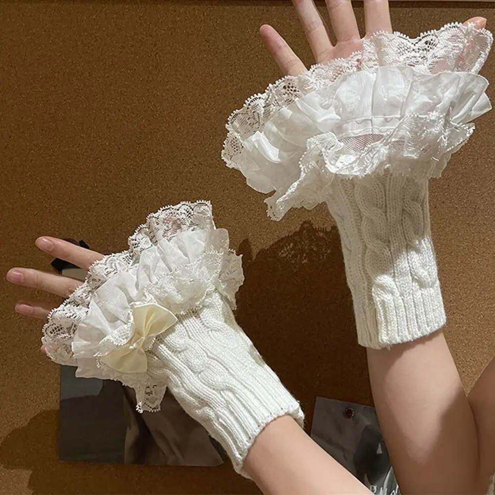 

Lolita Lace Bow Gloves Winter Warm Twist Knitted Short Gloves Detachable Fake Sleeve Cuffs Children Leg Warmer