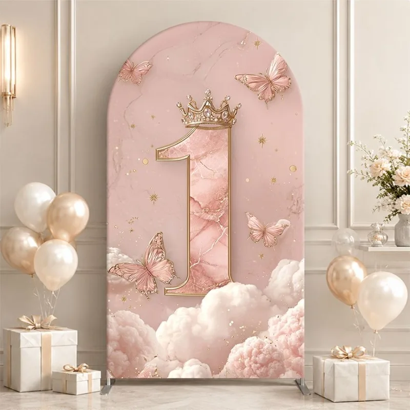 Single Side Arch Backdrop Cover Elegant Pink Marble Number 1 Birthday Backdrop with Golden Crown Butterfly and Cloud Motif