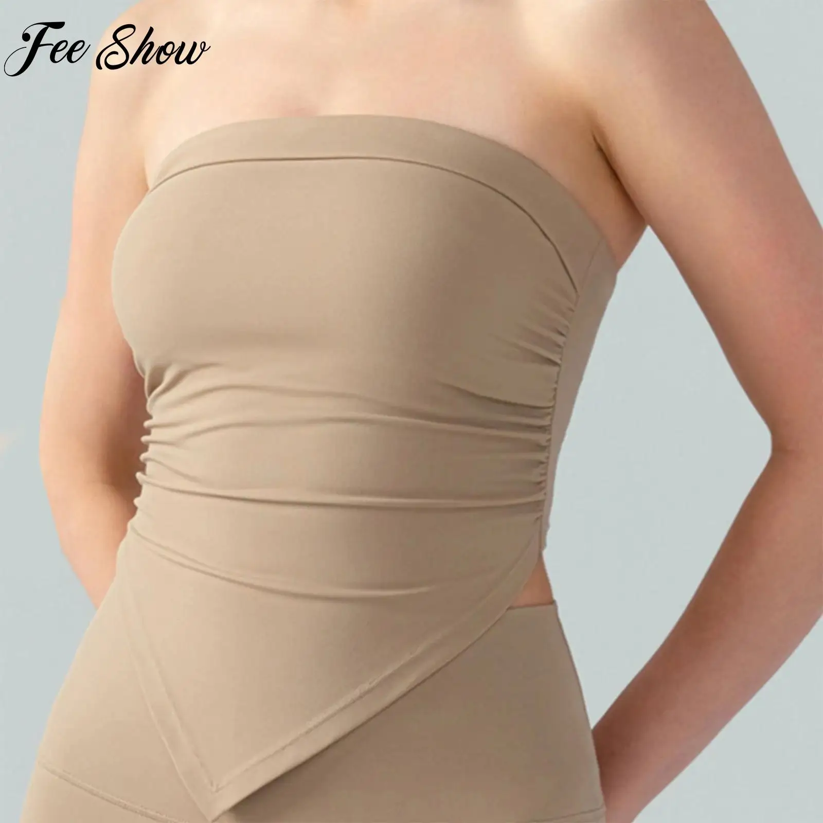 

Women Strapless Yoga Tops Asymmetrical Hem Ruched Tube Top Sleeveless Backless Vest for Sports Workout Gym Fitness