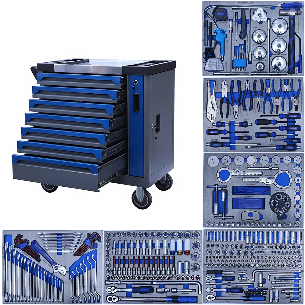 7Drawer Tool Cabinet Metal Rolling Tool Trolley with 424 Tool Kits Heavy Duty Storage Mobile Workbench Garage Workshop Cart