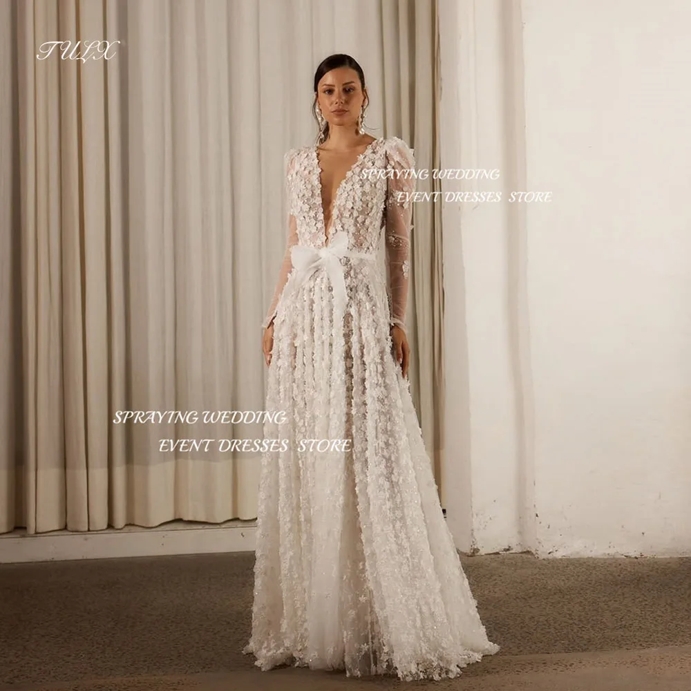 

TULX Luxury A line Lace Flower Wedding Dress V Neck Long Sleeve Bridal Gown Women Corset Floor Length Robe De Mariée Customized