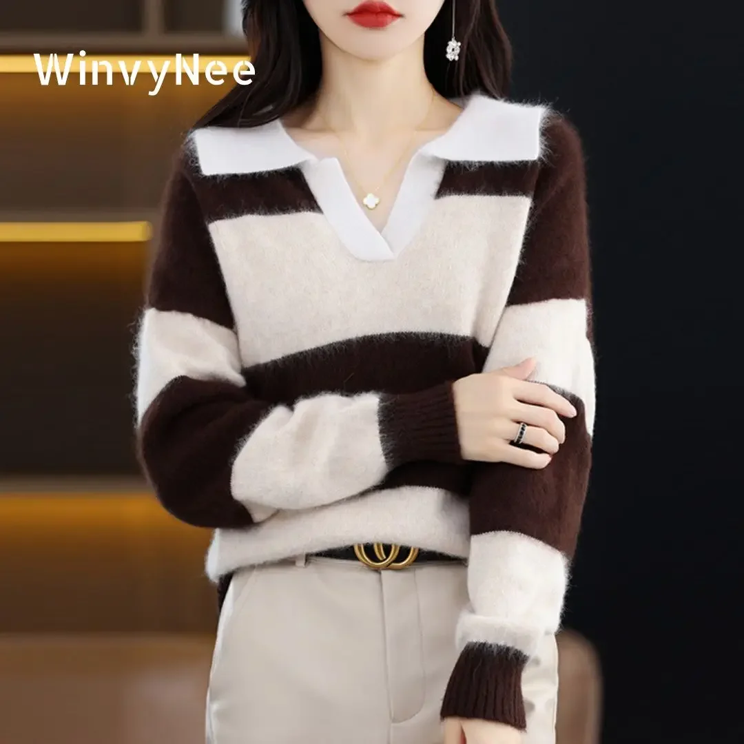 WinvyNee Women Mink Cashmere Sweater Polo Collar Casual Outerwears Loose Striped Knitted Pullover Tops Oversized Winter A1248016