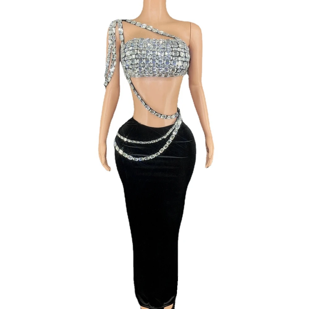 

Sparkly Diamonds Tube Top Long Skirt Two Pieces Set for Women Sexy Celebrate Evening Prom Birthday Photo Shoot Dress Stage Wear