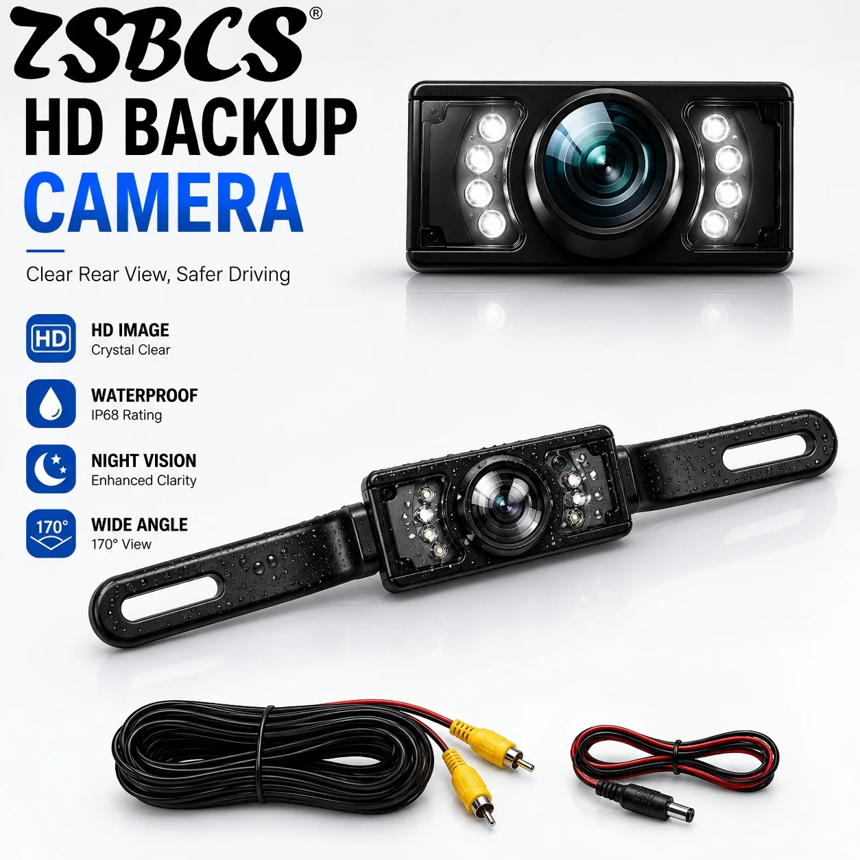 

Car License Plate Backup Camera, 170° Wide-Angle Rear View Camera, HD Night Vision,7 LED Lights Infrared, Car Reversing Camera