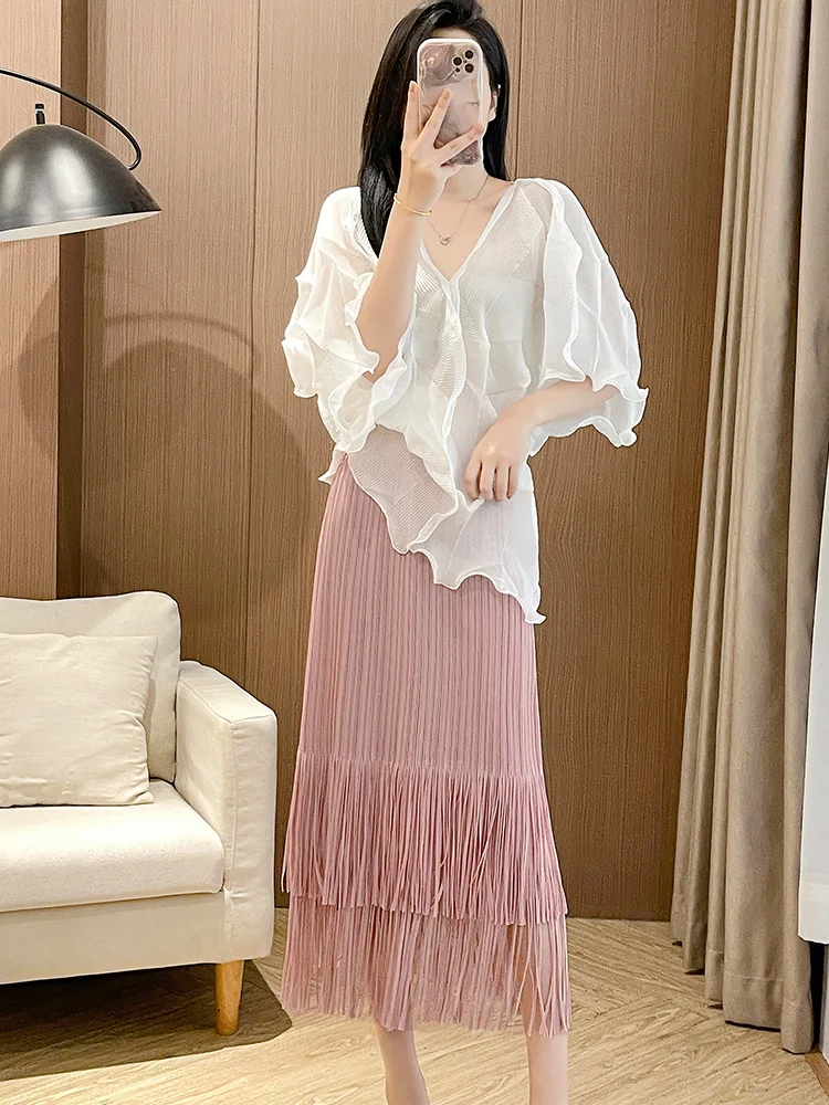 

Sweet Pure Color Women's Summer Outfit Elastic Pleated Top Tassel Half Skirt Three-Zhang Art Creation Elegant Commute S...