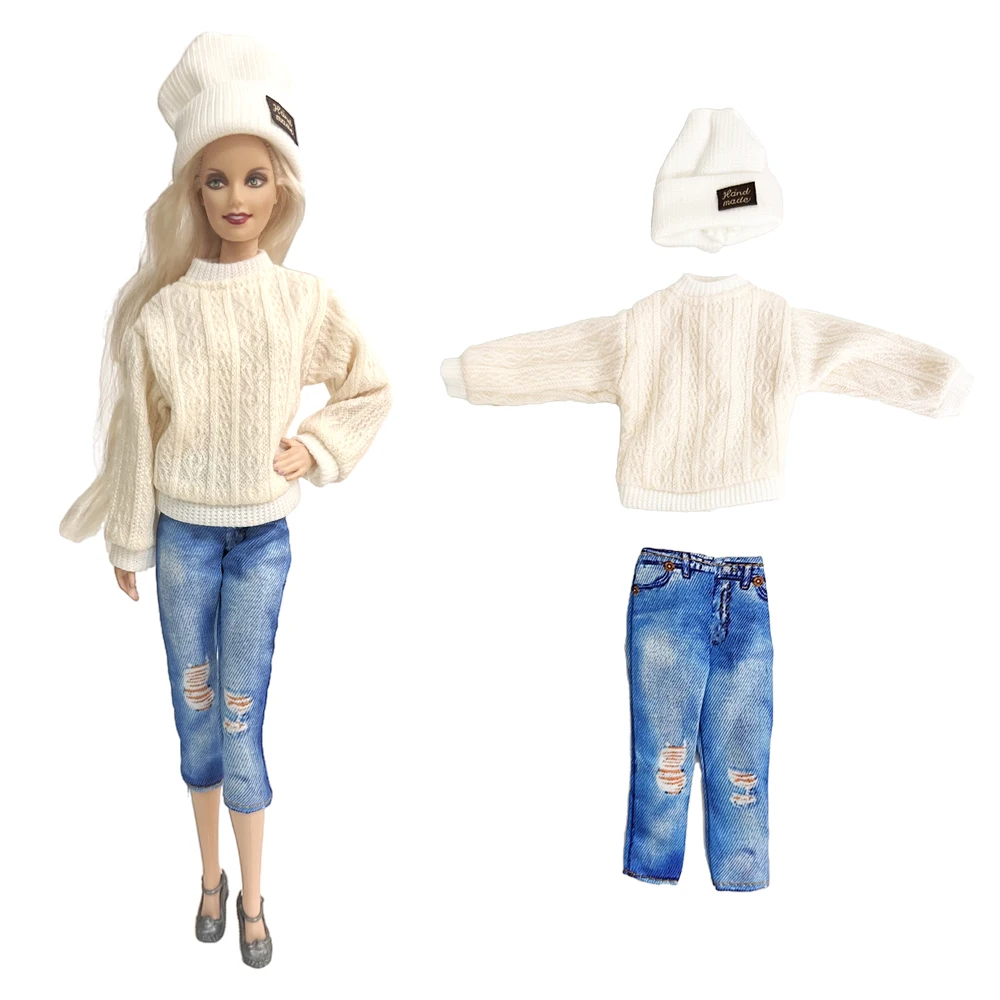 

3 Items/Set Doll Casual Clothing for 1/6 Doll Clothes Fashion White Sweater +Hat+Jeans For 11.8 Inch BJD Dolls Accessories Toy