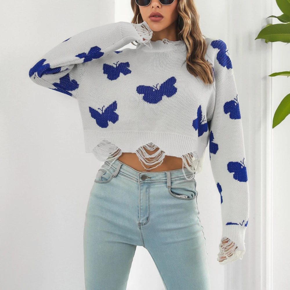 

Y2k Clothes Hole Butterfly Print Knitted Pullover Fashionable Loose Long-sleeved Cropped Tops Advanced All-match Sweaters Women