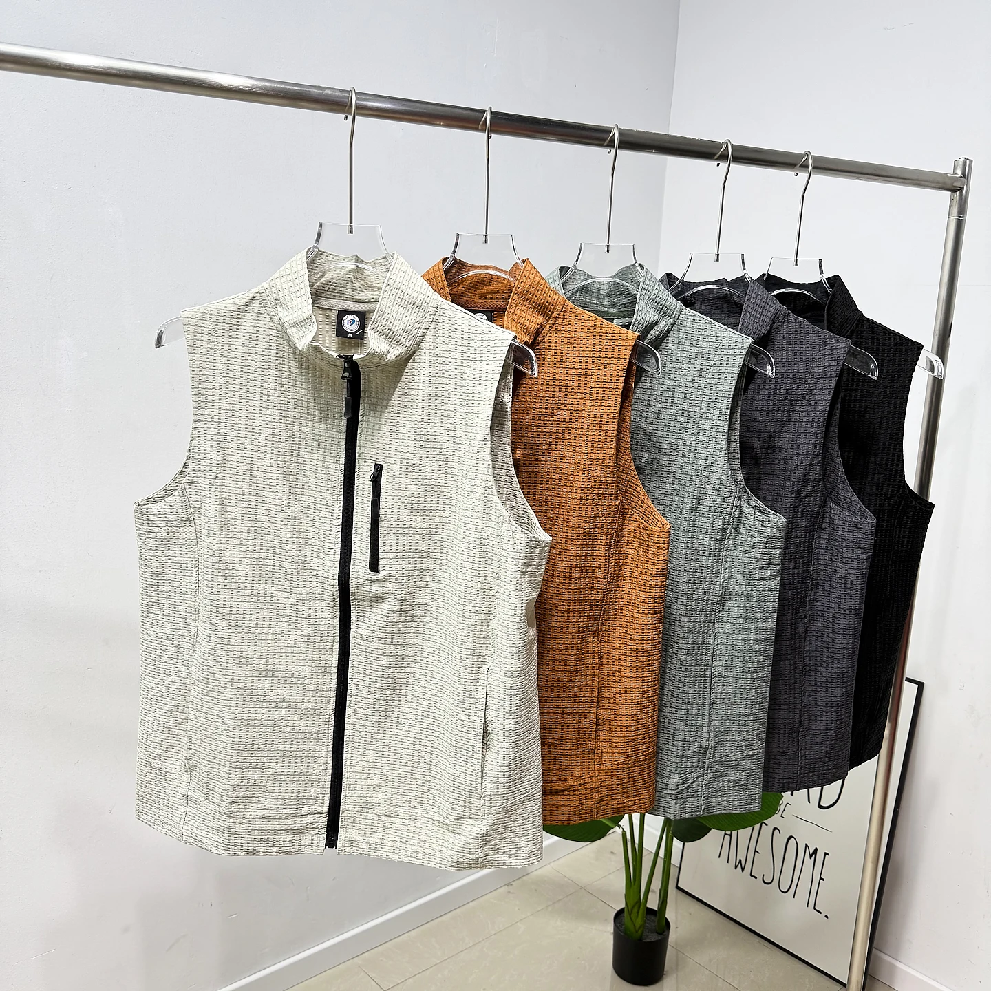 

Спортивная уличная одежда: Мужская и женская текстурированная майка-жилет с воротником-стойкой, приталенного кроя, на молнии, молодежная модная модель