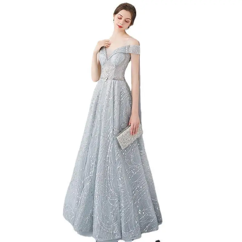 Shoulder Hugging Banquet Evening Slimming Dress 2025 Summer New Mesh Long Style Socialite One Shoulder Choir Performance Outfit