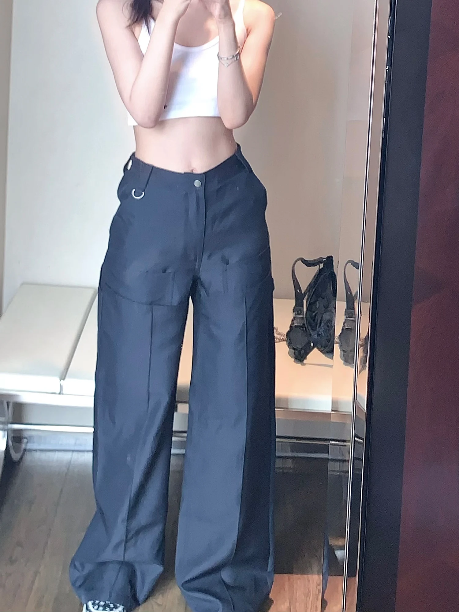 

Amor Comfortable Heavy Du Straight Leg Casual Pants High Waist Patchwork Blue Workwear Trousers Women's Premium Faion