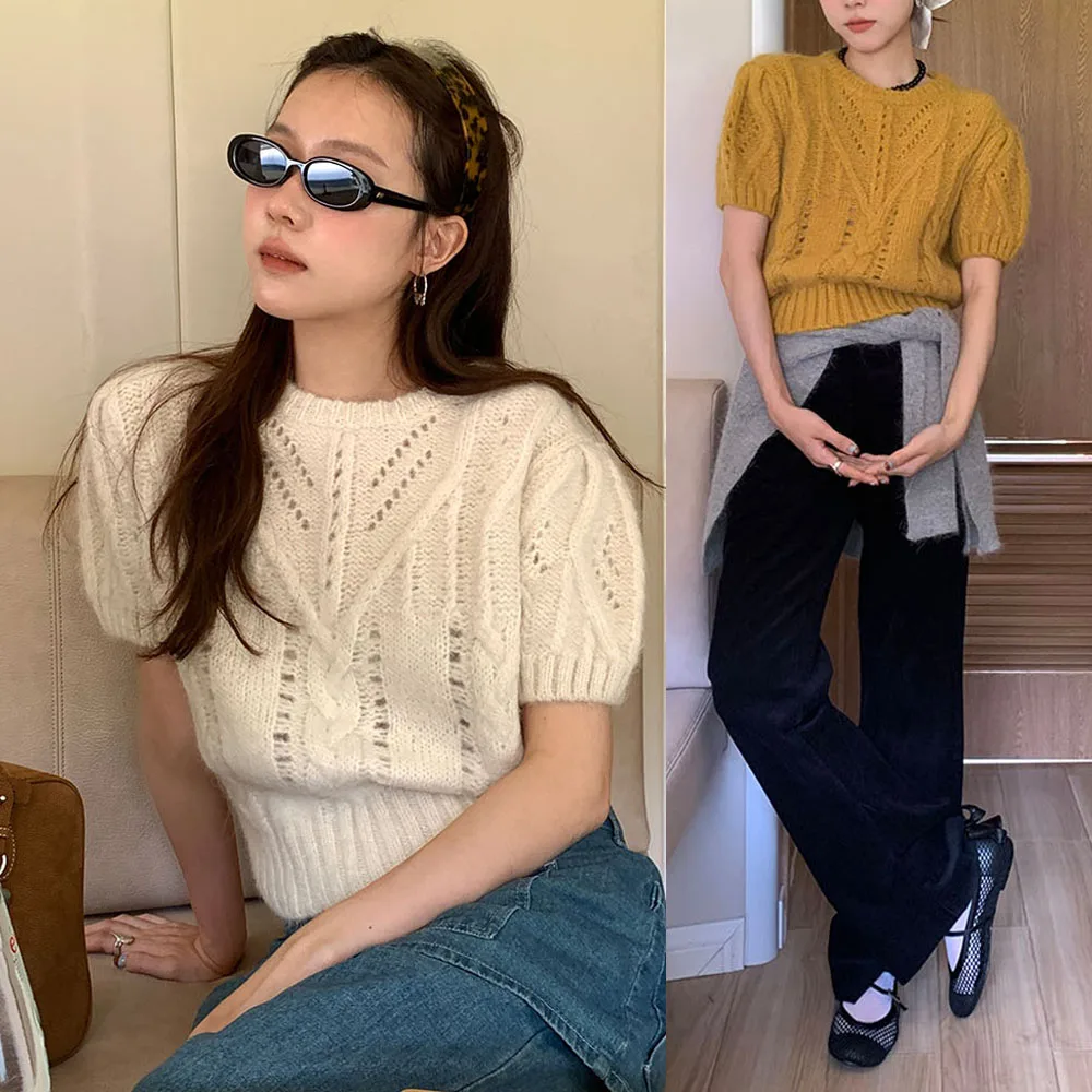 

Ретро-корейский свитер с короткими рукавами, ажурным цветочным узором и круглым вырезом, свободного кроя, для женщин, весна-осень-зима