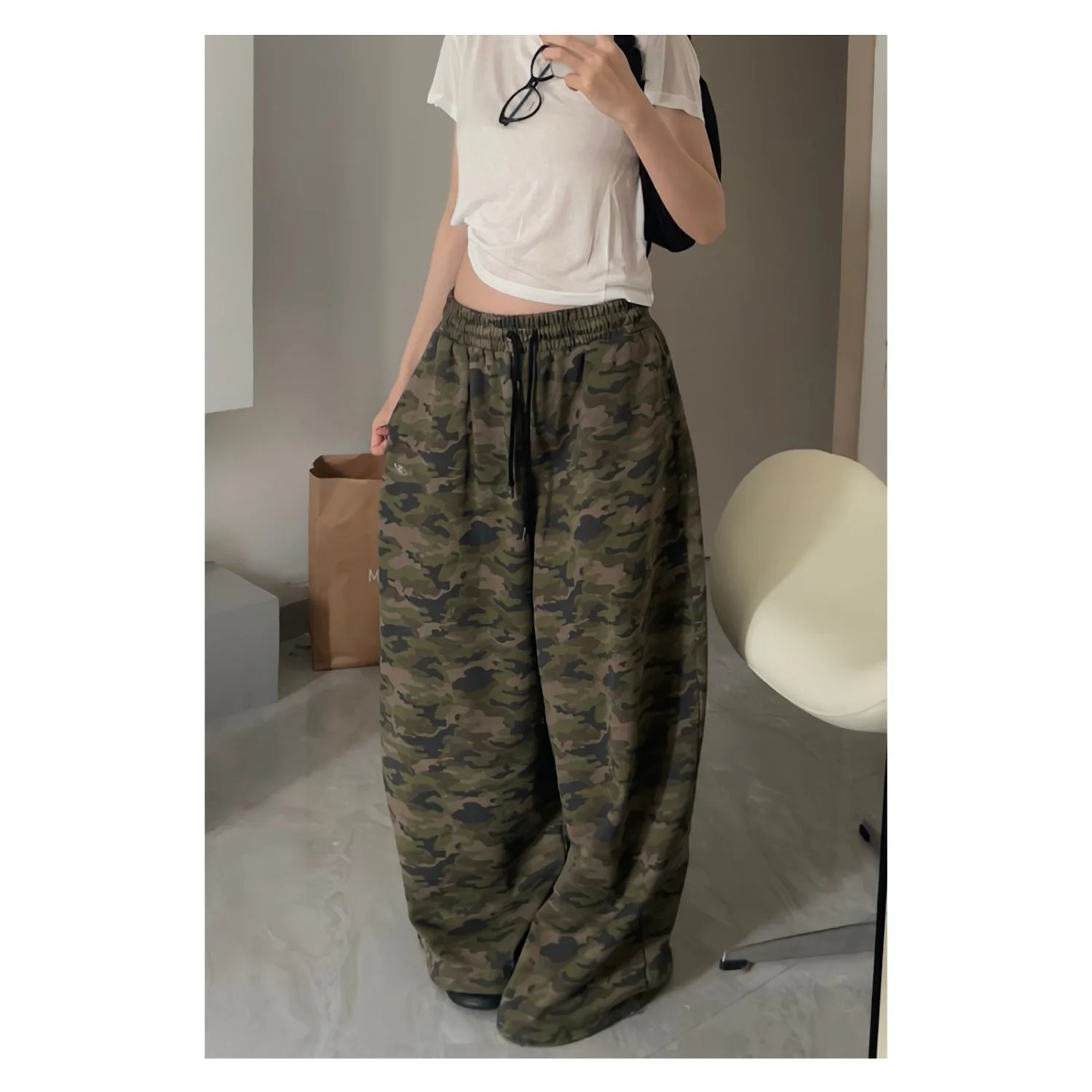 2026 New Autumn Camouflage Casual Sweat Pants Unisex American Street Retro Oversize Drawstring Adjustable Wide Leg Comfortable