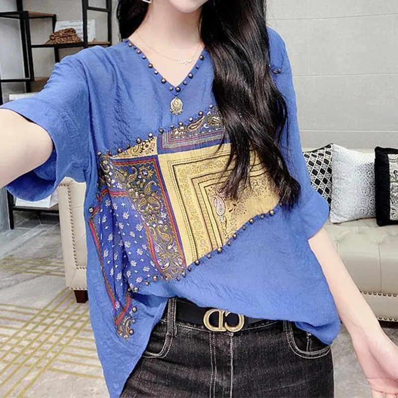 

Summer Women's Clothing Printed Patchwork Half Sleeve T-shirt Casual All-match V-Neck Beading Pullovers Tops for Female Fashion