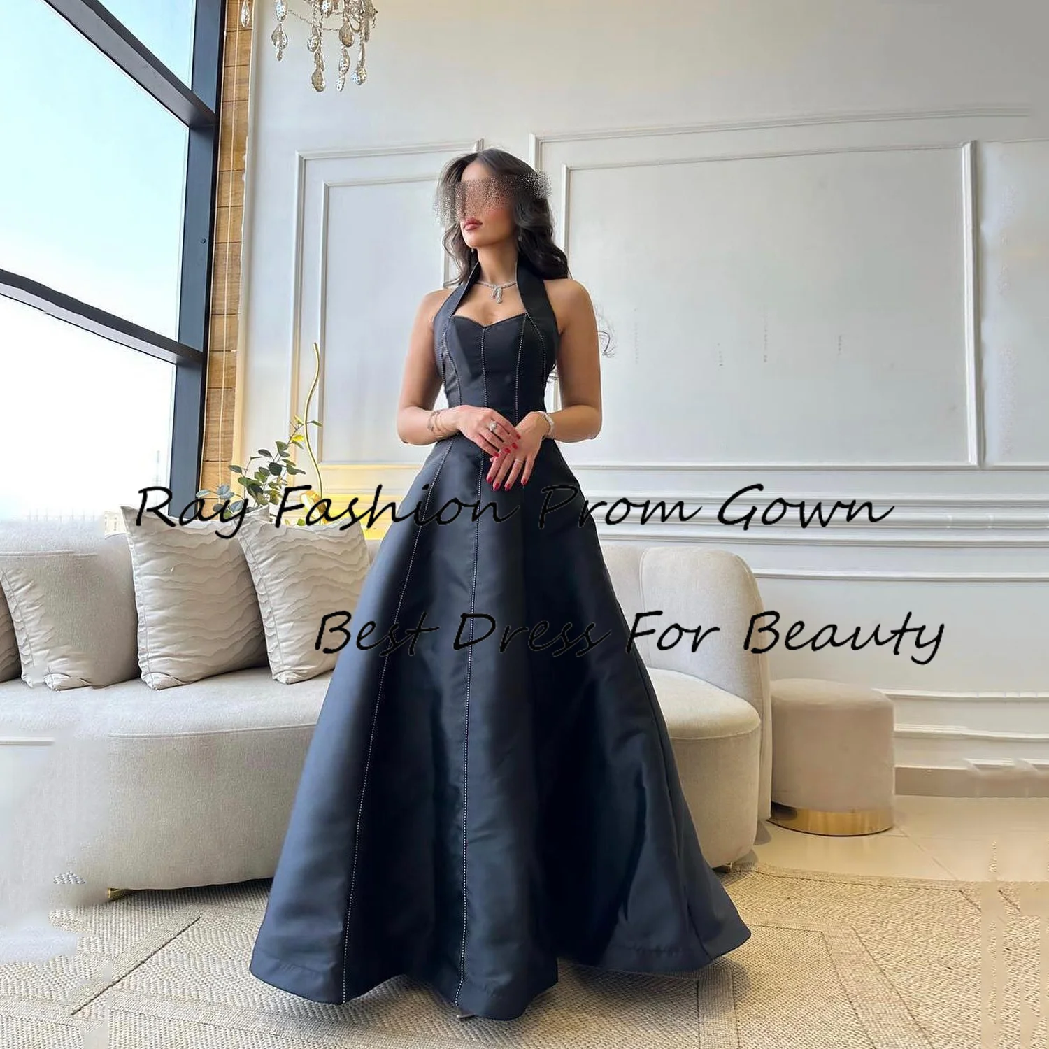 

Vintage Black Cocktail Dress A Line Pretty Halter Neck Sleeveless Floor Length For Romantic Women Formal Evening Party Gowns