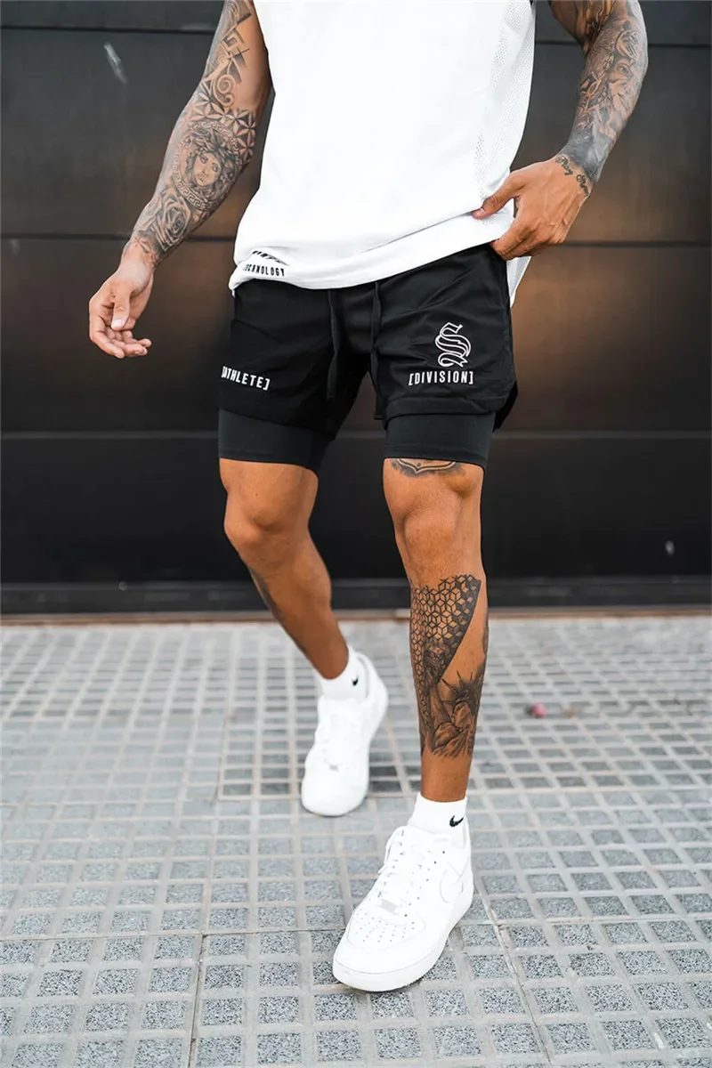 Men Fitness Bodybuilding Shorts Gyms Workout Male Breathable 2 In 1 Double-deck Quick Dry Sportswear Jogger New Beach Shorts Men