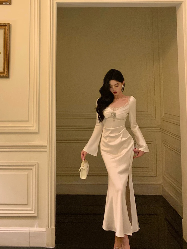 النمط الفرنسي الأنيق الصناعة الثقيلة الماس ساحة الرقبة متوهج كم عالية الخصر سليم صالح ذيل السمكة فستان حفلة طويلة النساء الخريف #4