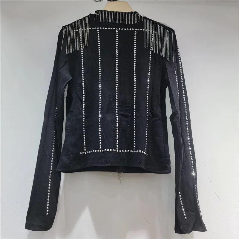 HKSH Spring Autumn New Women Jacket Tassel Studded Diamonds Zipper Stand Collar Slim Fit High Street Luxury Elegant Coat HK16863