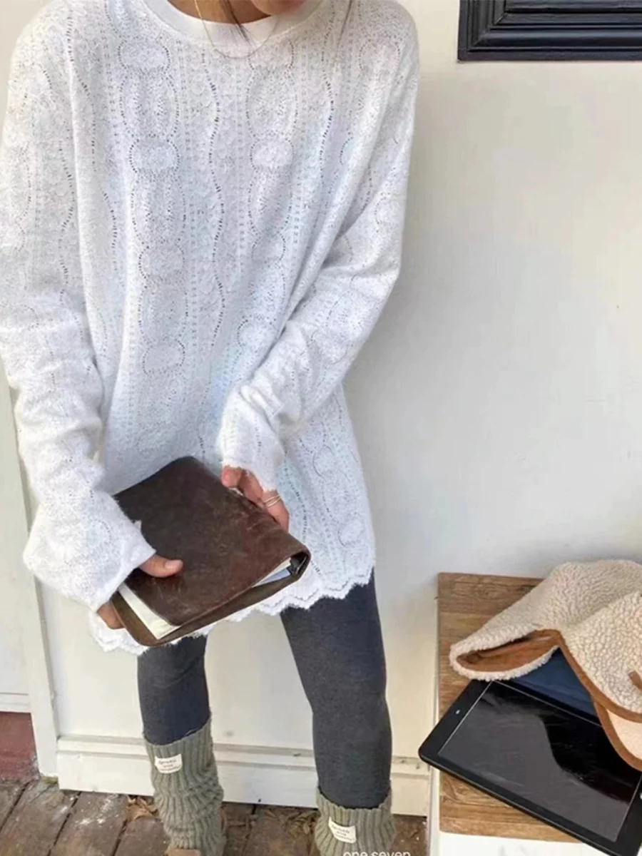 

Модный кружевной вязаный женский топ с длинным рукавом, средней длины, в корейском стиле, с круглым вырезом, ажурный, свободного кроя, для осени и зимы