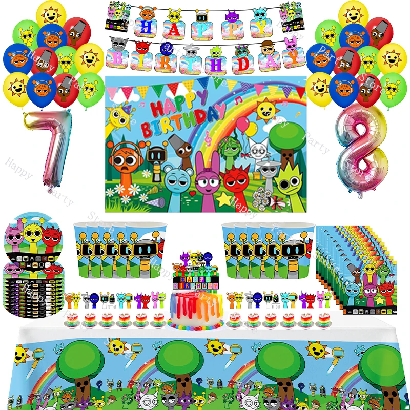 Incredibox Sprunki Birthday Party Decoration Sprunki Balloon Cup Plate Napkin Tablecloth Split Sales Sprunki Party Supplies