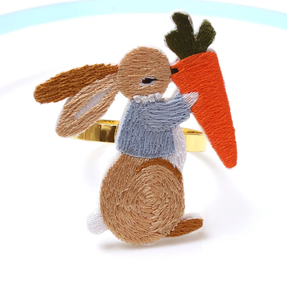 Easter Color Embroidery Rabbit Napkin Ring Bunny Easter Napkin Carrot Rabbit Ring Napkin Buckle Spring Flower Happy Easter Day