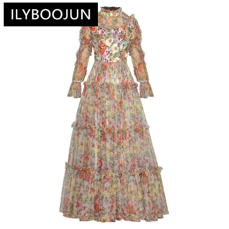 

ILYBOOJUN Fashion Designer Spring Summer Women Long Mesh Dress Stand Collar Flare Sleeve Flower Embroidery Print Vintage Dress