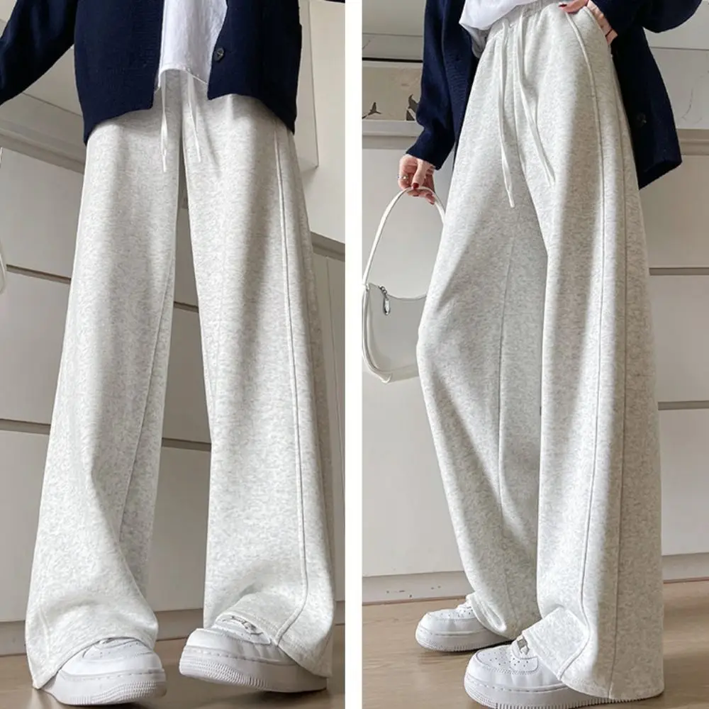 مريحة عالية الخصر السراويل المستقيمة بلون بسيط واسعة الساق السراويل الرباط السراويل عارضة السراويل النساء الربيع