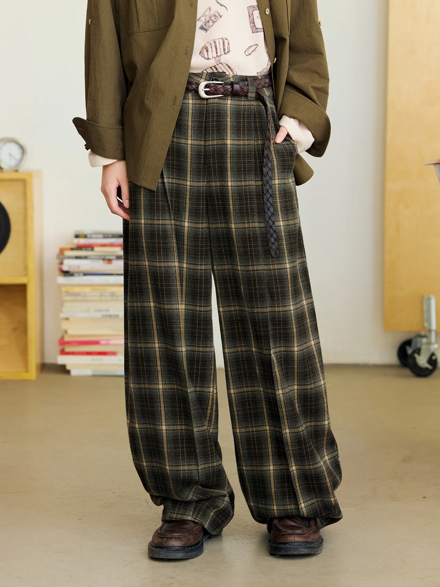 

Octopusme Women's Loose Straight Leg Banana Pants Vintage Plaid Wide Leg Casual Trousers Spring New Sle Japanese Sle