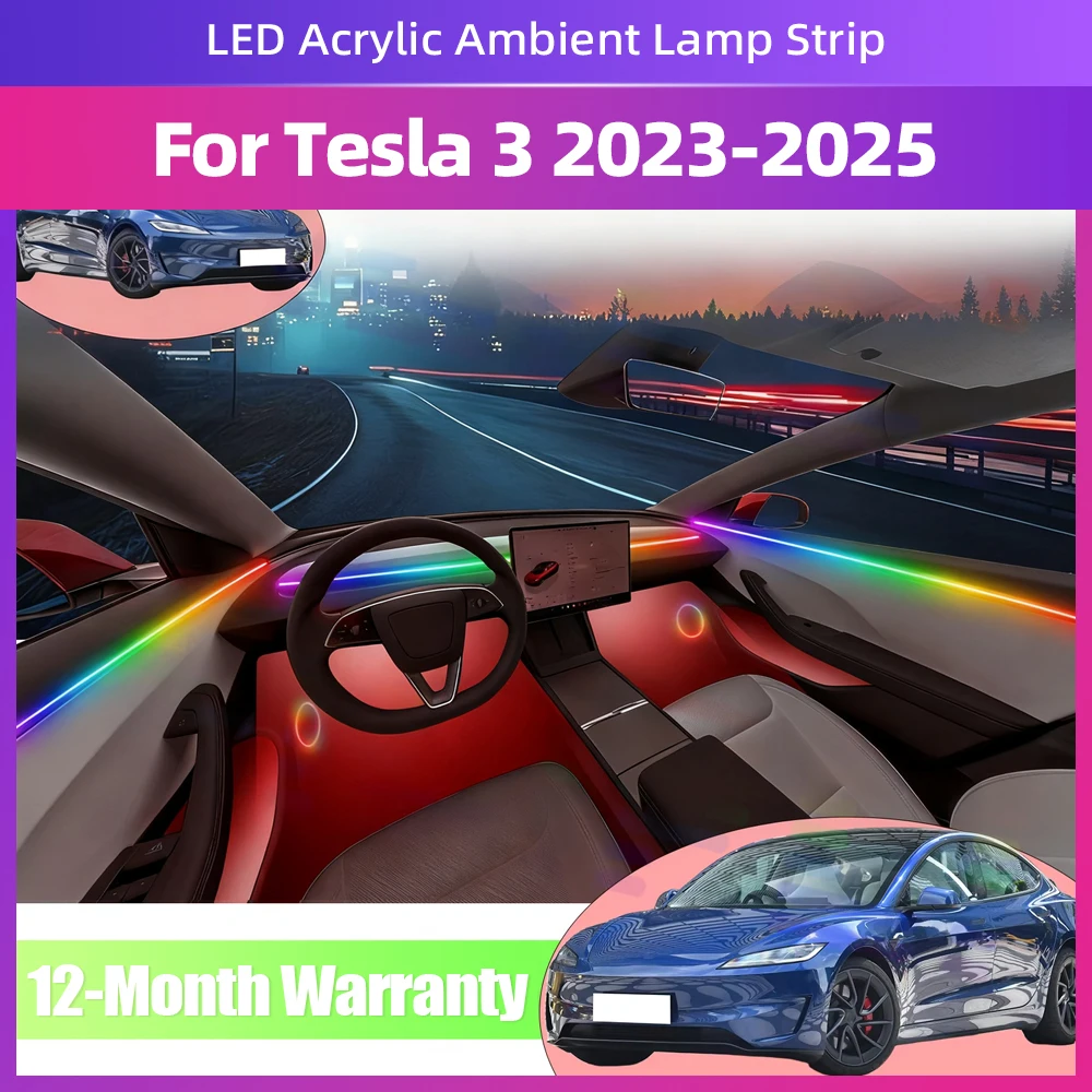 

Для Tesla Model 3 Gen2 2023-2025 внутренняя светодиодная декоративная полоса акриловая 64 цвета RGB Symphony DIY цельноцветная регулируемая